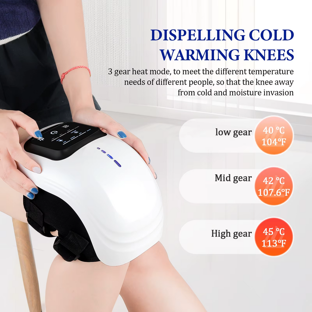 Person using a knee warmer with temperature display on a white background